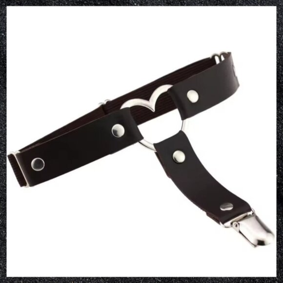 Dark Brown Studded Open Heart Leather Thigh Garter Harness Pair Set - Picture 2 of 14